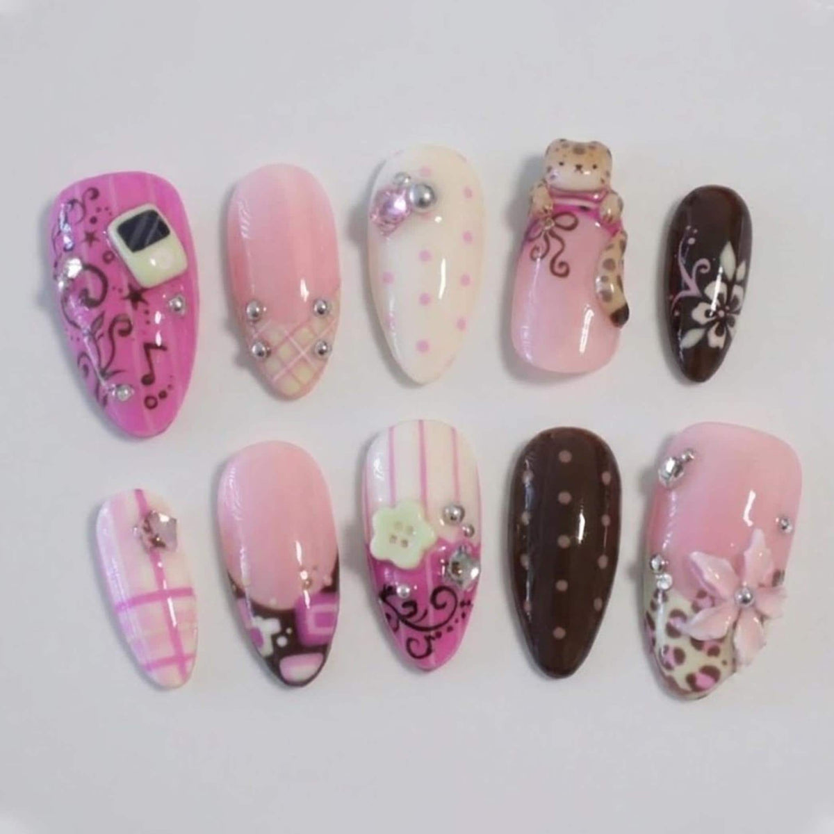 Pink and Brown Y2K Leopard, Plaid, and Music Player Art Press-On Nail Set