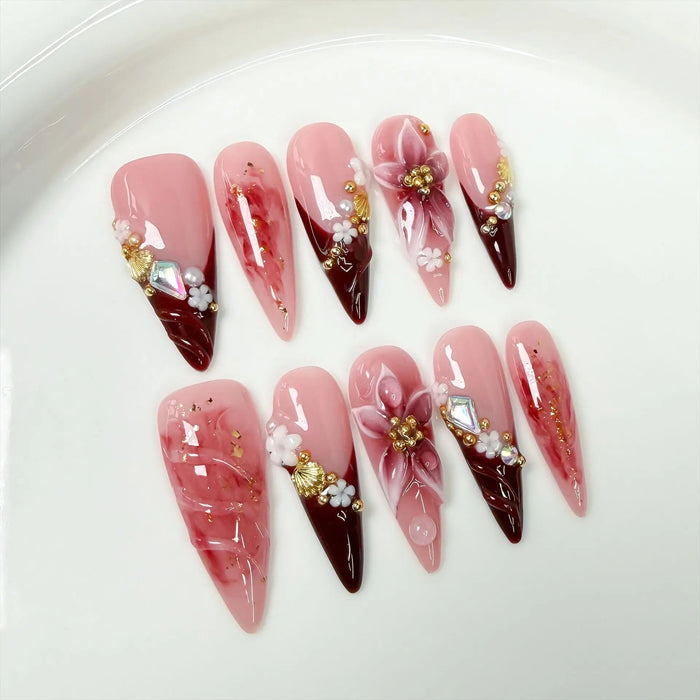 Pink and Burgundy Floral Press On Nails with Gold Accents and Rhinestone Charms