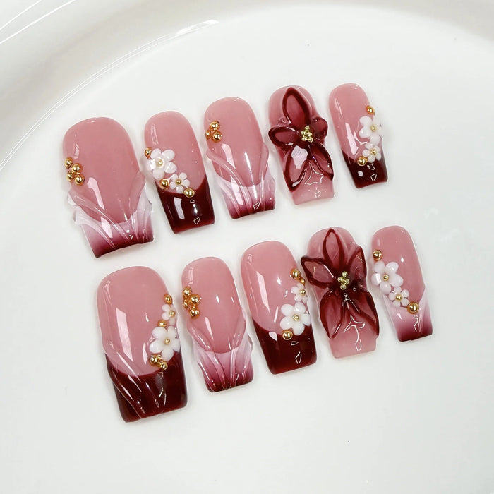 Pink and Burgundy Ombre 3D Flower Press On Nails