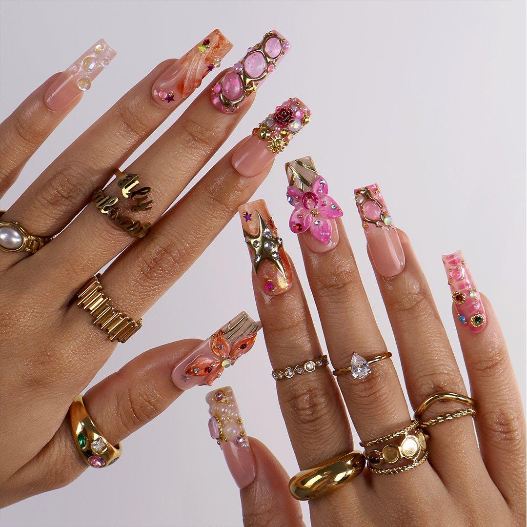 Pink and Coral 3D Flower Press On Nails with Gold Details and Gems
