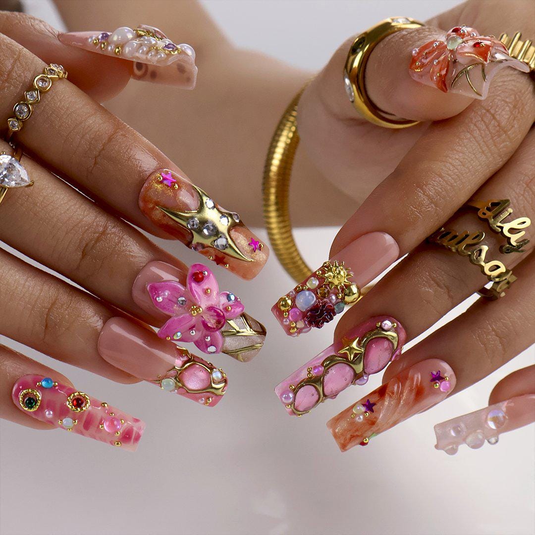 Pink and Coral 3D Flower Press On Nails with Gold Details and Gems