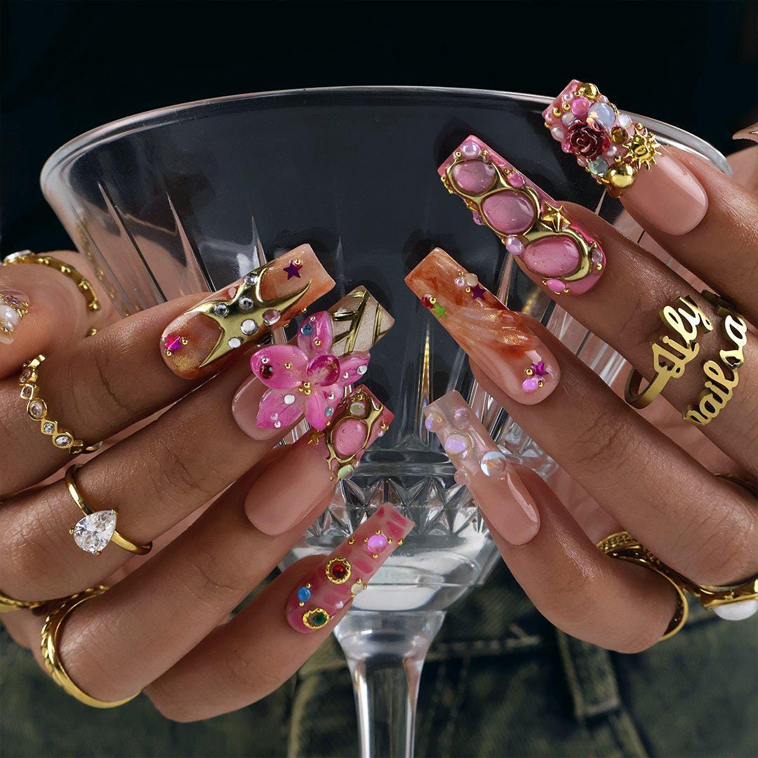 Pink and Coral 3D Flower Press On Nails with Gold Details and Gems