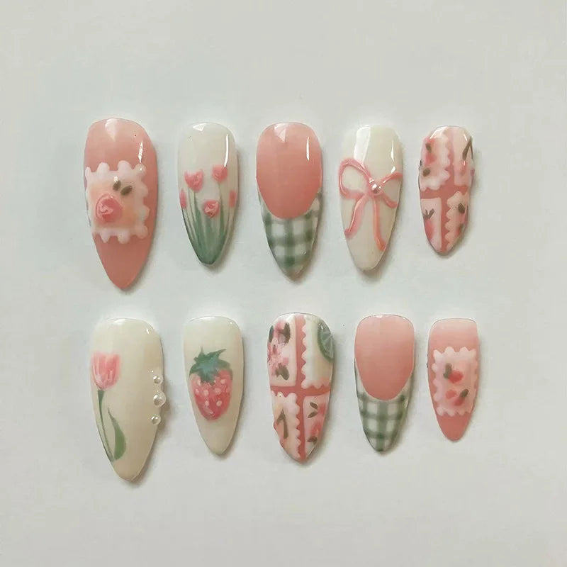 Pink and Cream Floral Plaid French Tip Nail Set with Strawberries and Bow