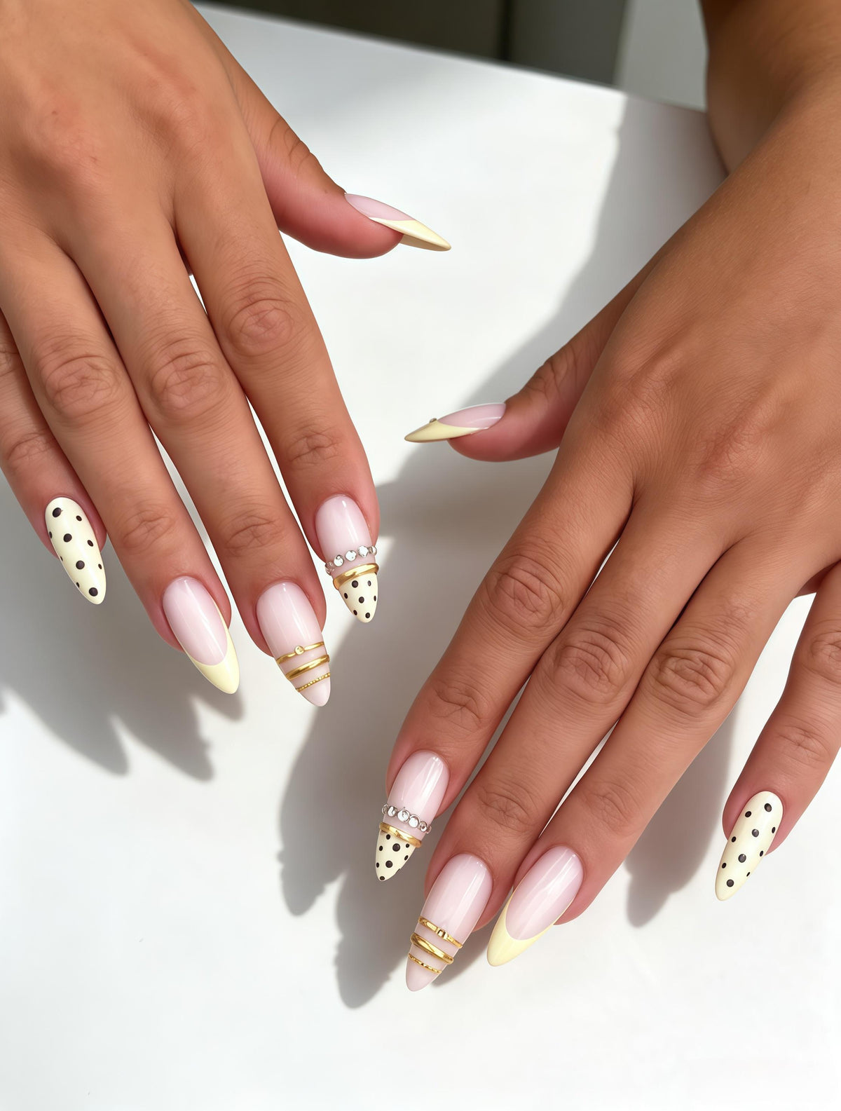 Pink and Cream Polka Dot Nails with Gold Chain Details