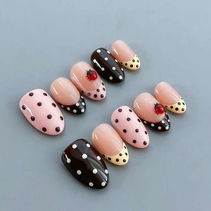 Pink and Cream Polka Dot Press On Nails with 3D Ladybug Accents