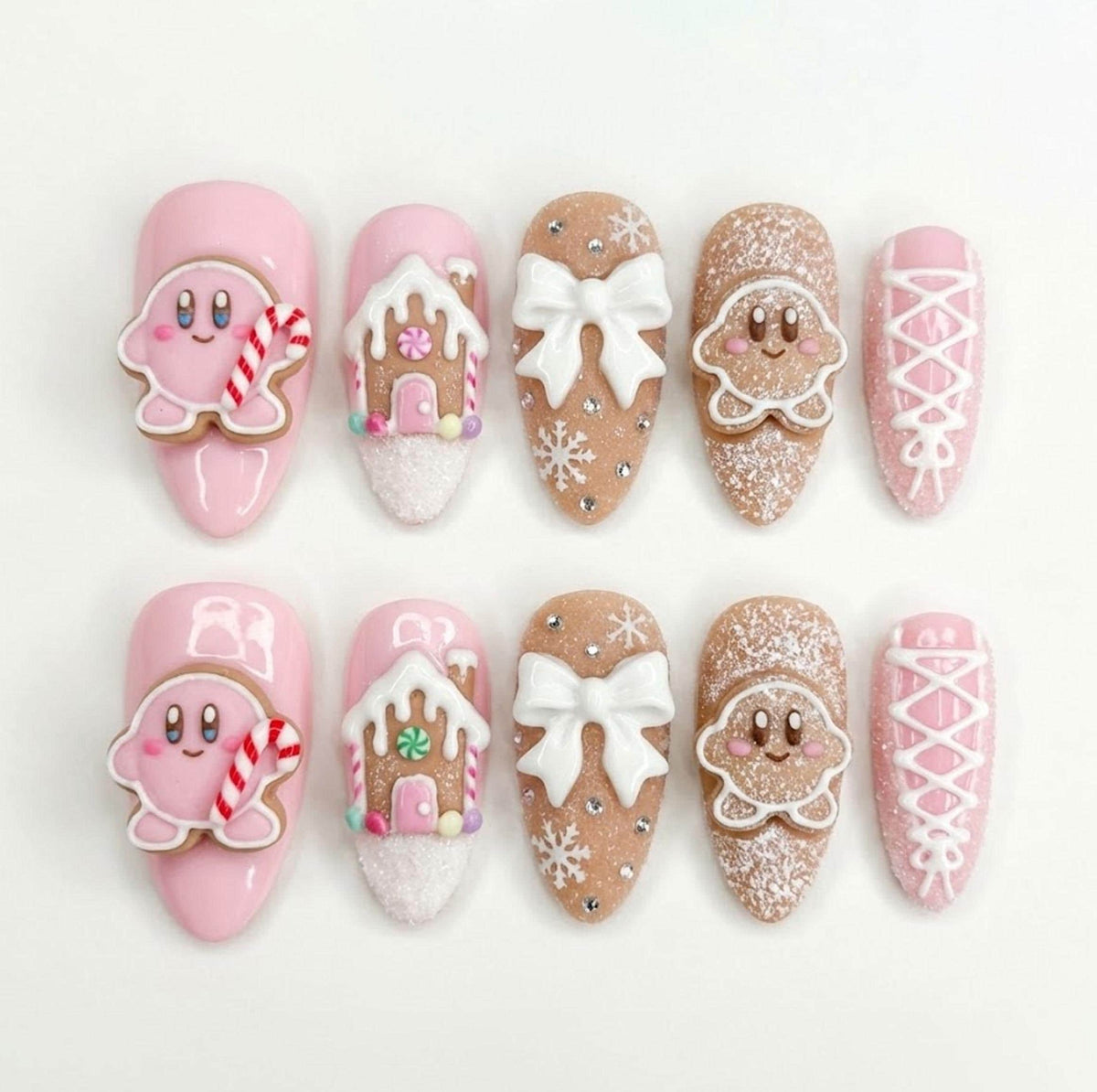 Pink and Gingerbread Brown Christmas Nails with 3D Bows, Snowflakes and Gingerbread Characters