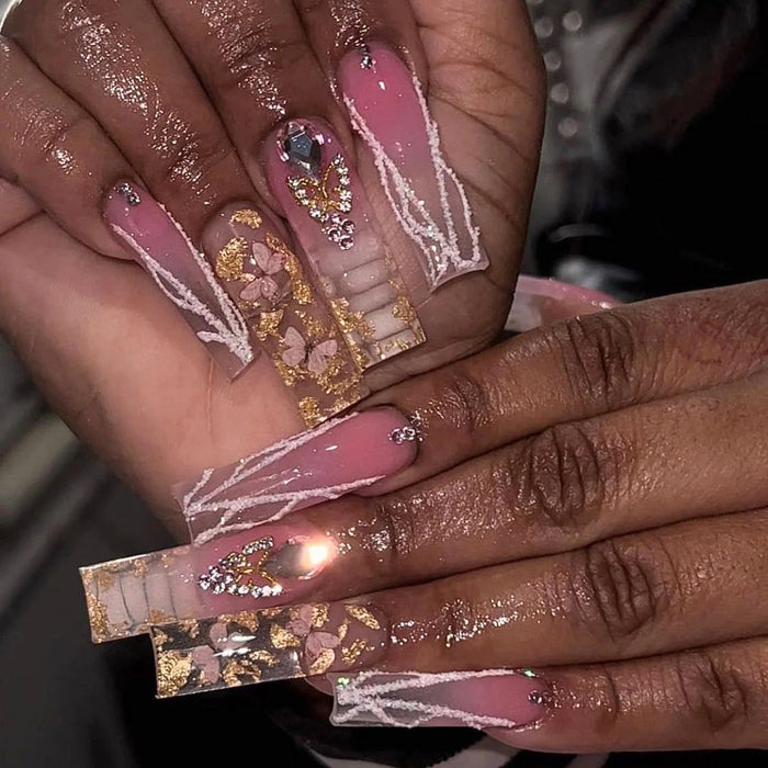 Pink and Gold Floral Press On Nails with Rhinestones