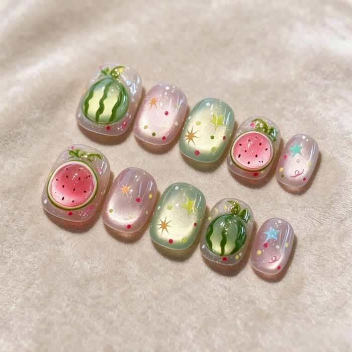 Pink and Green Cat Eye Watermelon Press On Nails With 3D Fruit and Colorful Stars