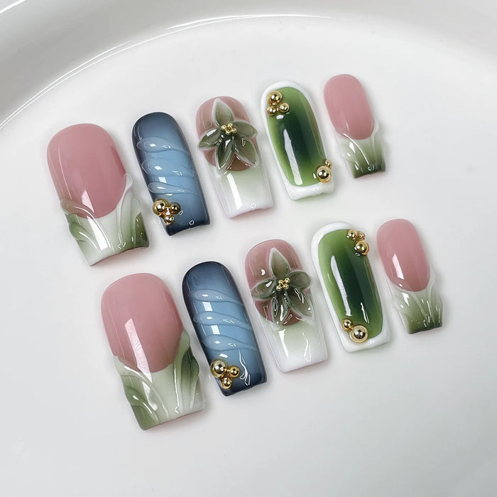 Pink and Green Floral French Tip Press On Nail Set with Blue Accents and Gold Details