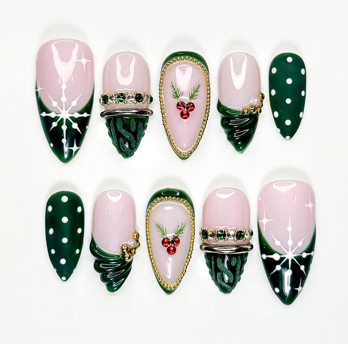 Pink and Green Holly Berry Christmas Press On Nails with Gold Beading