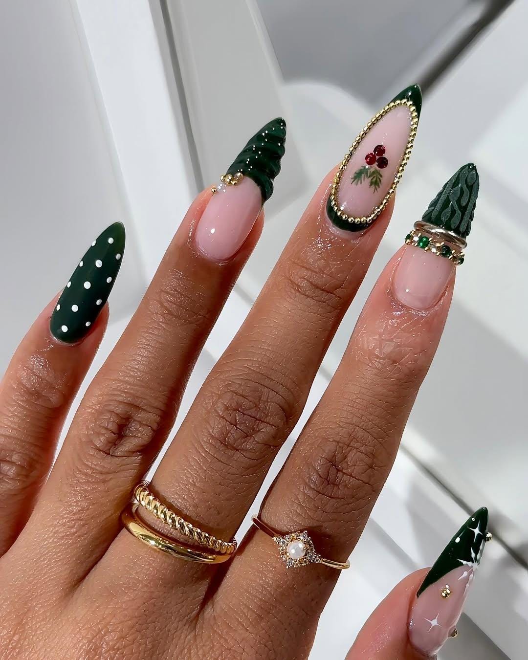 Pink and Green Holly Berry Christmas Press On Nails with Gold Beading