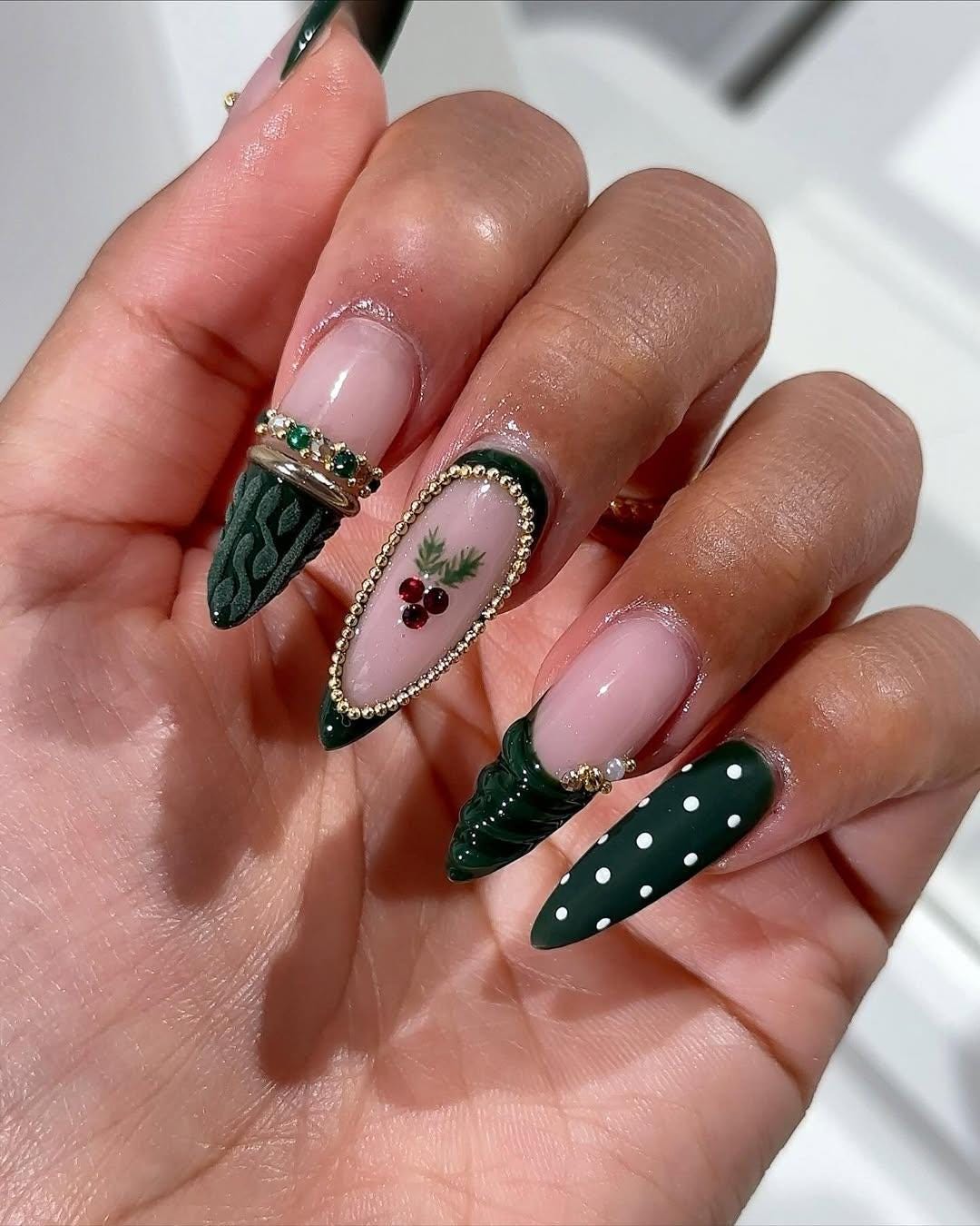 Pink and Green Holly Berry Christmas Press On Nails with Gold Beading