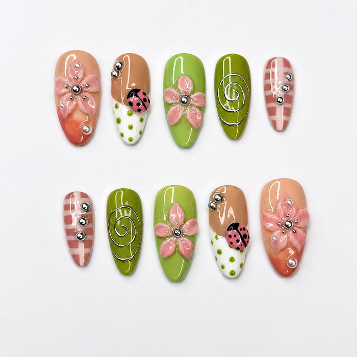 Pink and Green Ladybug Flower Spring Garden Press On Nails With Gingham and Silver Details
