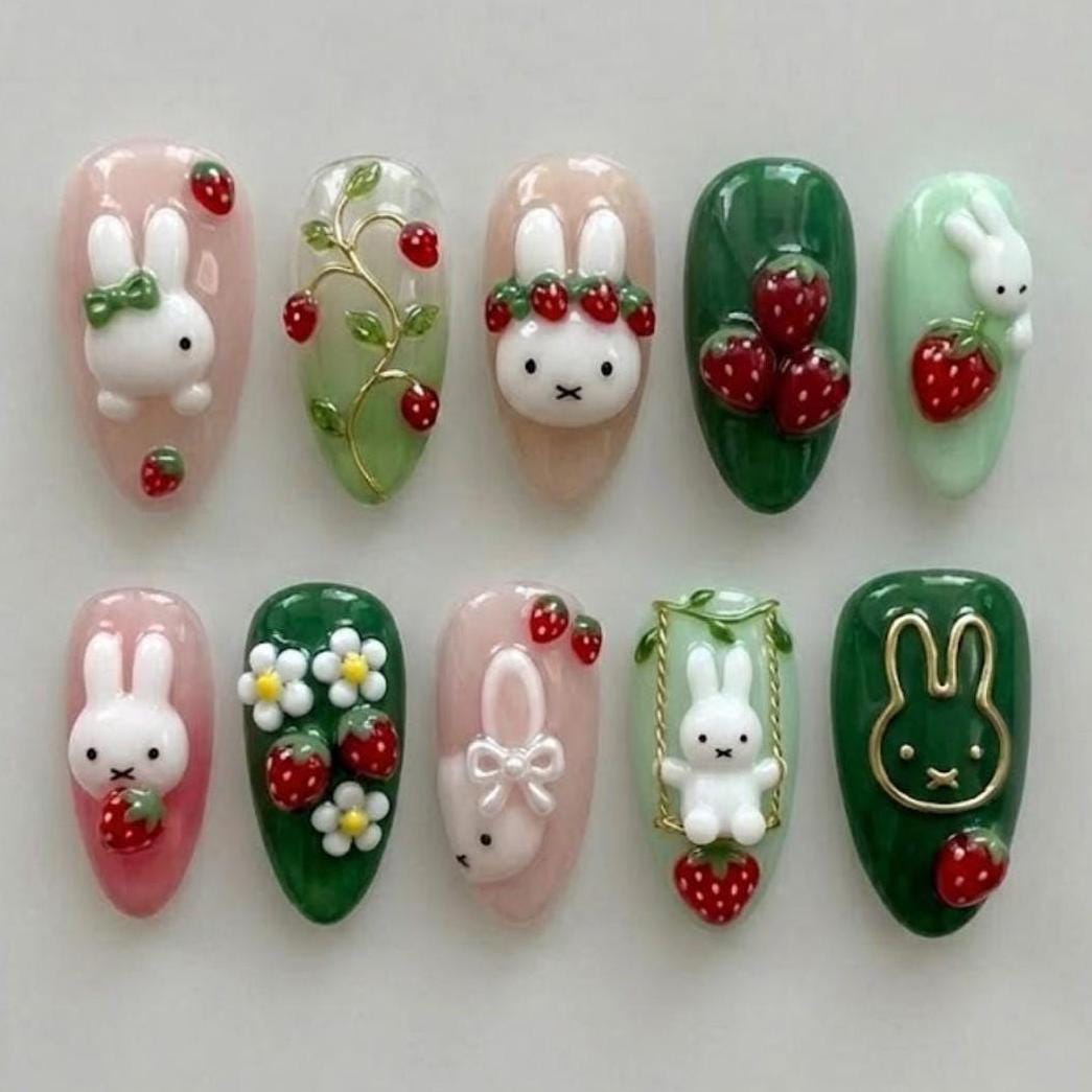 Pink and Green Rabbit Strawberry Garden Press On Nails