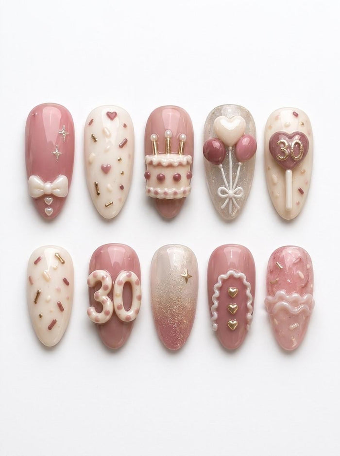 Pink and Ivory Birthday Cake Press-On Nails With Raised 30, Bows and Balloons