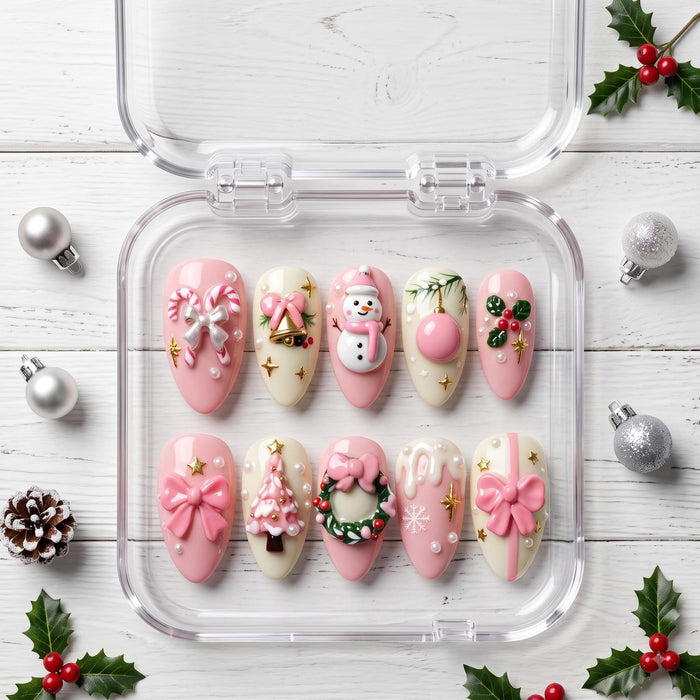 Pink and Ivory Christmas Press On Nails With Snowmen, Trees, Wreaths, and 3D Bows