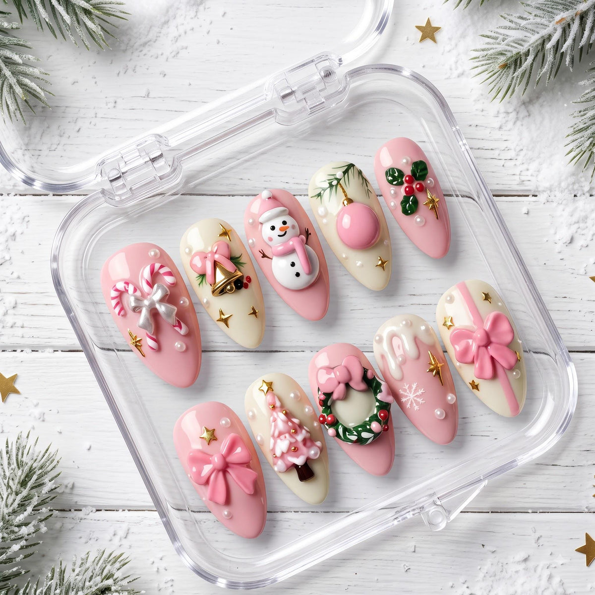 Pink and Ivory Christmas Nails With Snowmen, Trees, Wreaths, and 3D Bows