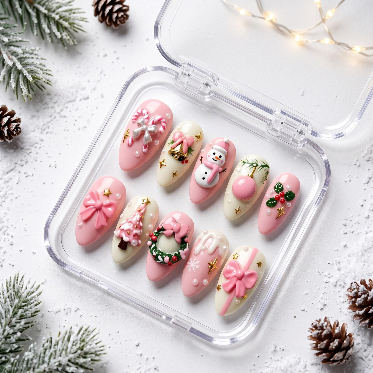 Pink and Ivory Christmas Nails With Snowmen, Trees, Wreaths, and 3D Bows