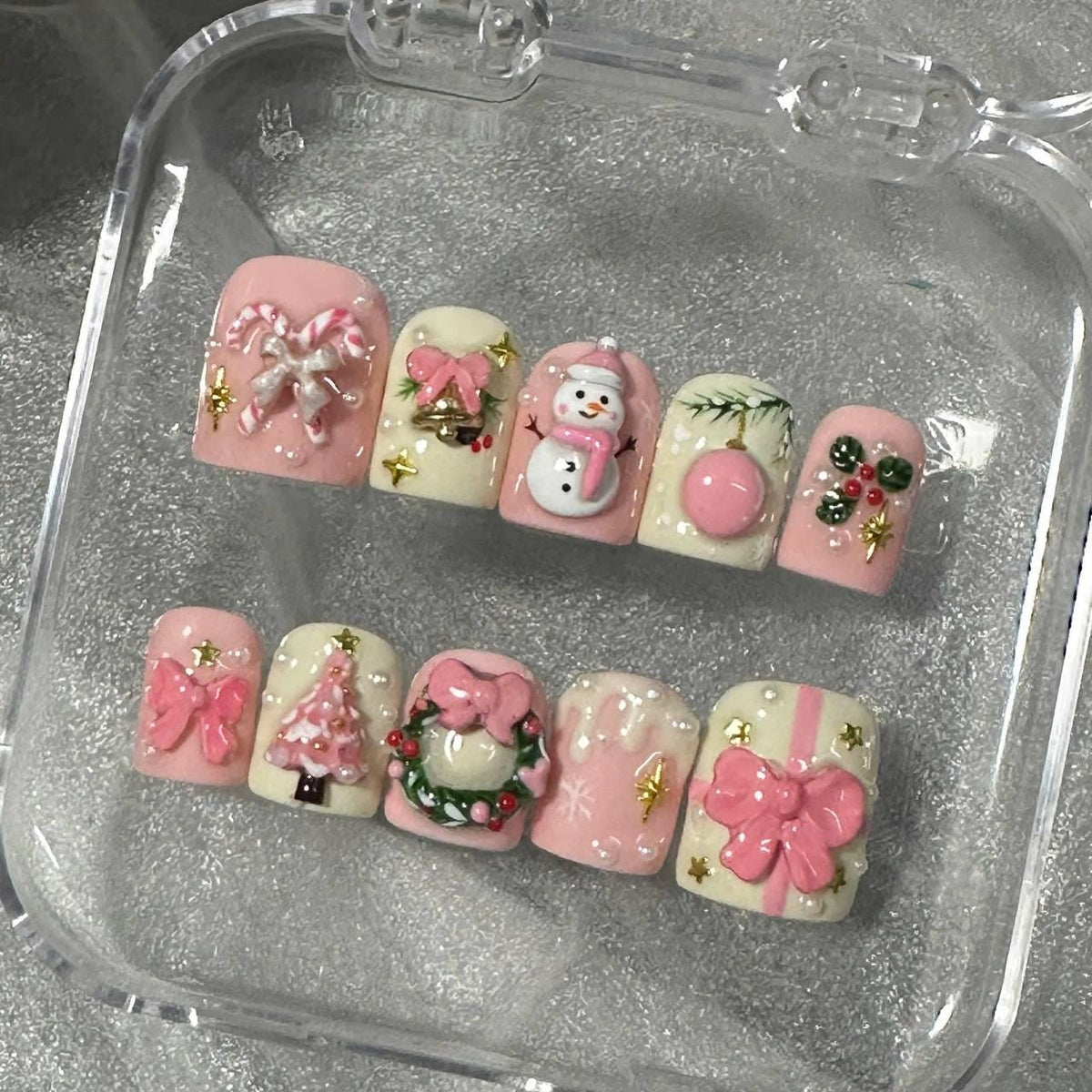Pink and Ivory Christmas Nails With Snowmen, Trees, Wreaths, and 3D Bows