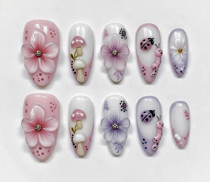 Pink and Lavender Mushroom, Ladybug & Floral Fairy Garden Press On Nail Set