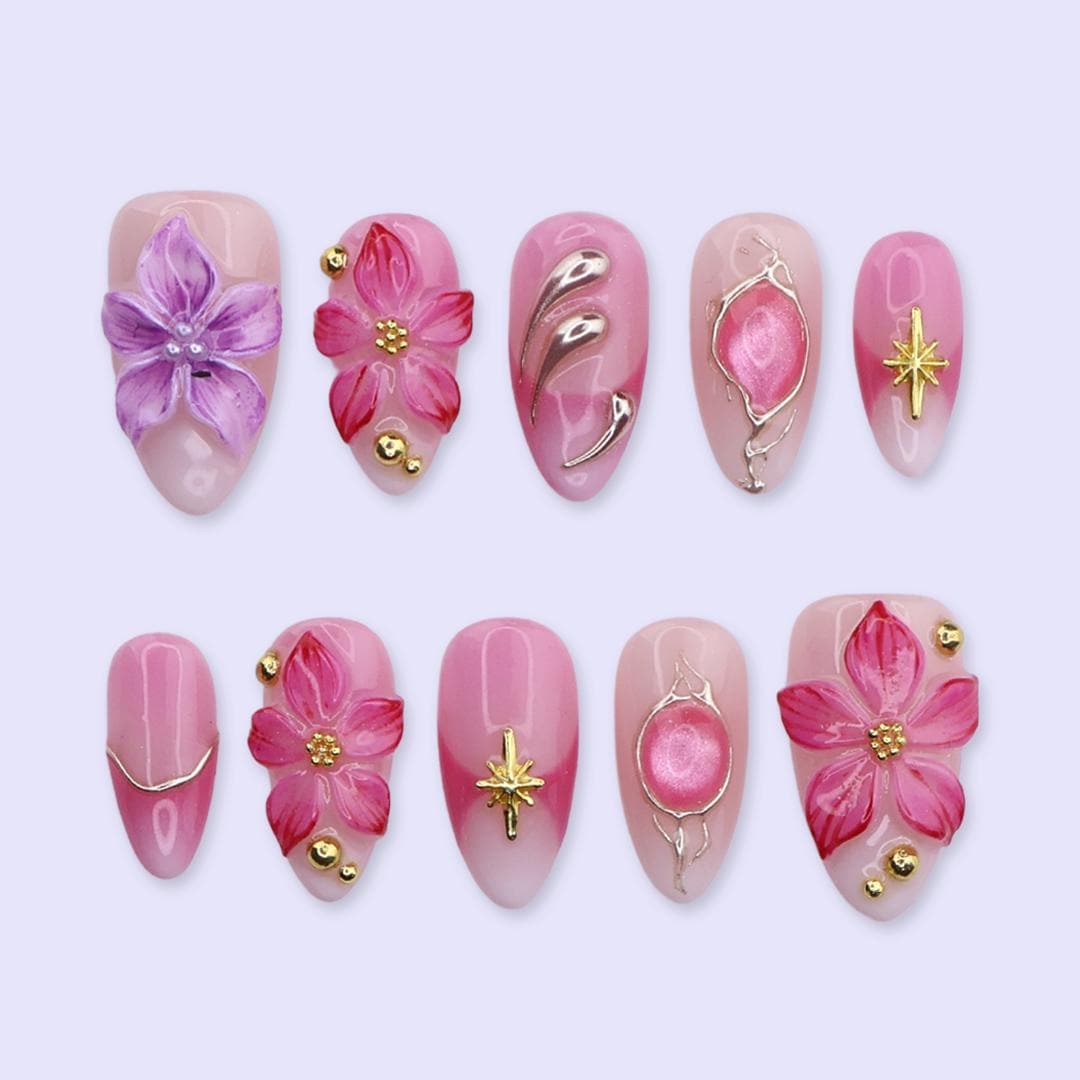 Pink and Lilac 3D Flower Press On Nails with Gold Starburst Charms