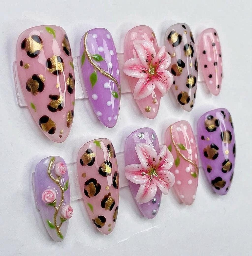 Pink and Lilac Leopard Floral Press-On Nails With 3D Lily Flowers