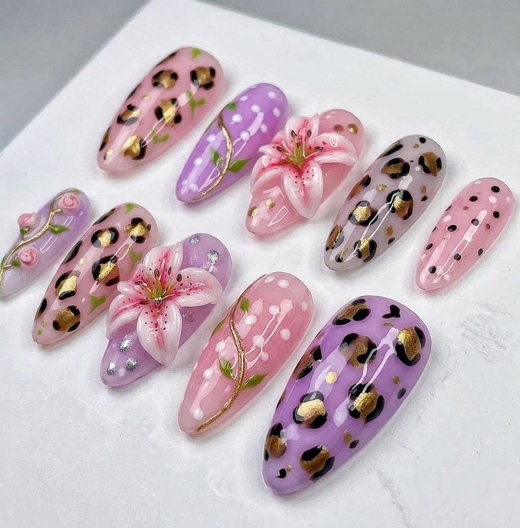 Pink and Lilac Leopard Floral Press-On Nails With 3D Lily Flowers