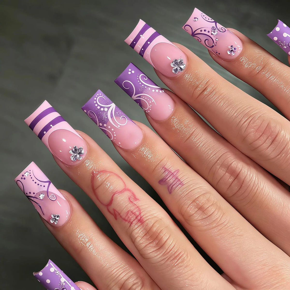Pink and Lilac Ornamental French Tip Press On Nails with Rhinestone Flowers