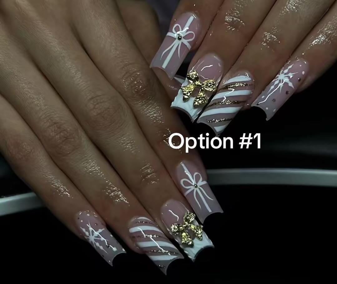 Pink and Mauve Christmas & Winter Nail Designs with Bows, Snowflakes and Gold Accents