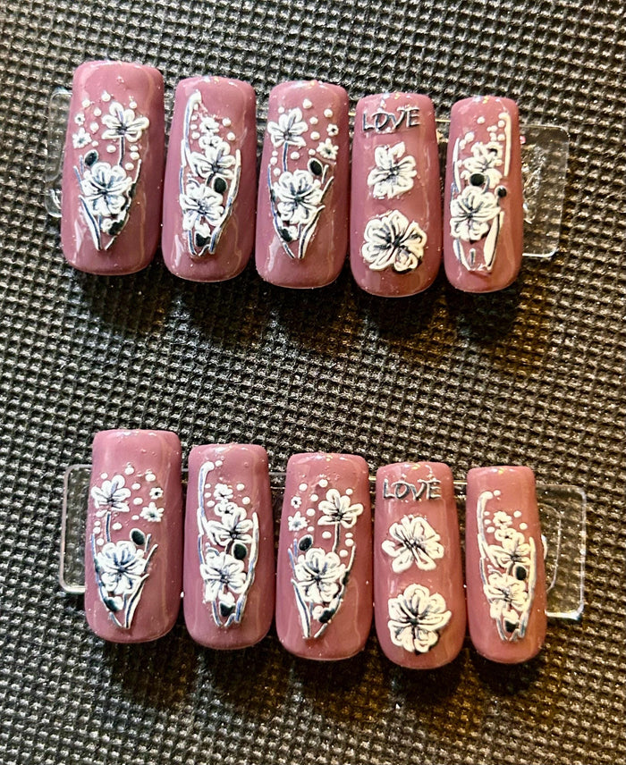 Pink and Mauve Floral Press-On Nails with White Flowers and Love Lettering