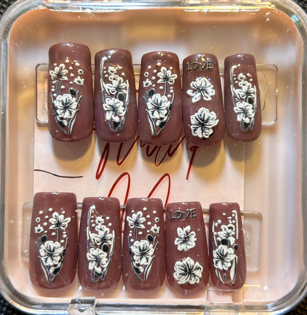 Pink and Mauve Floral Press-On Nails with White Flowers and Love Lettering