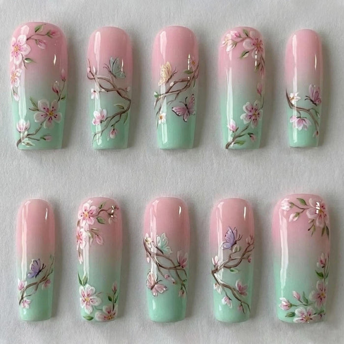 Pink and Mint Ombré Cherry Blossom Press On Nails with Butterflies
