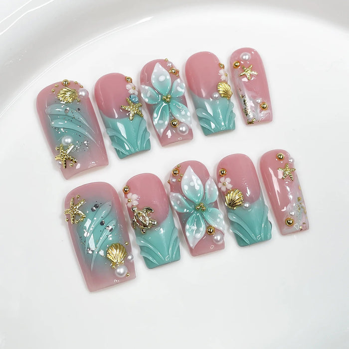 Pink and Mint Teal 3D Flower Press-On Nails with Gold Charms