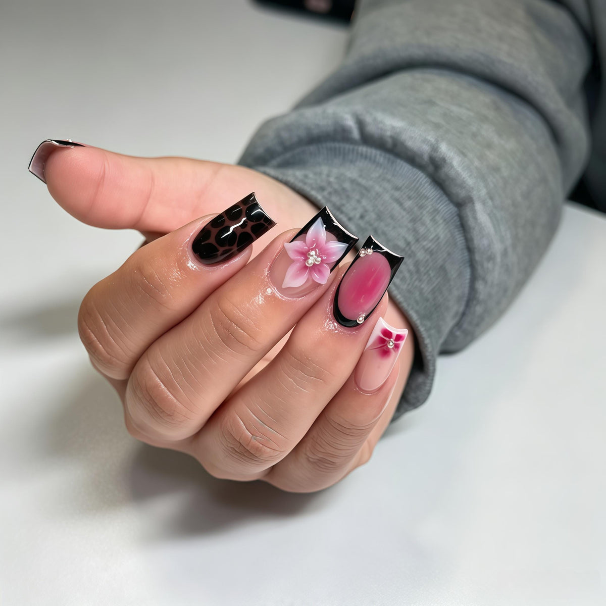 Pink and Nude Leopard Print French Tip Nails With 3D Flower and Bow