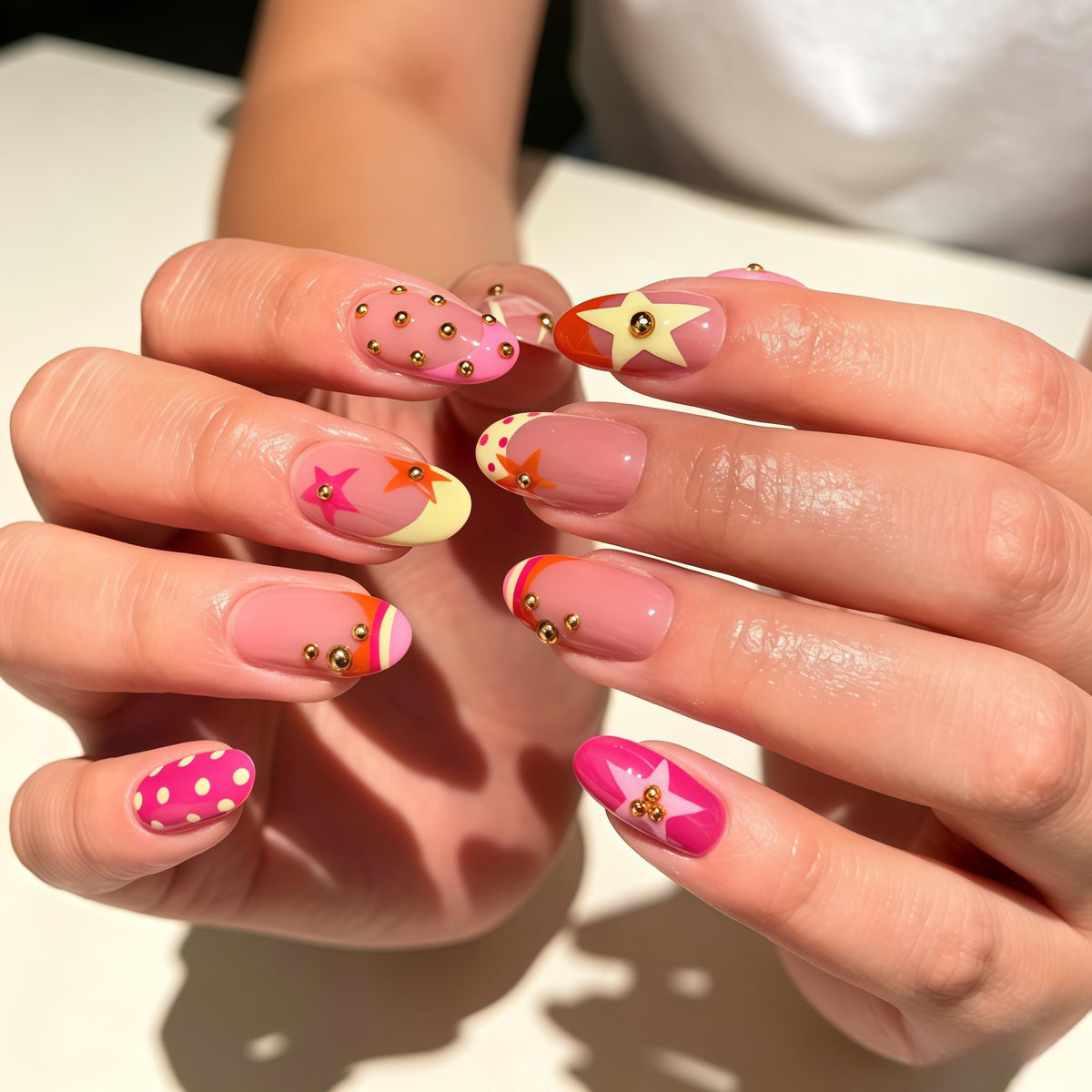 Pink and Nude Polka Dot Star Press On Nails with Gold Studs