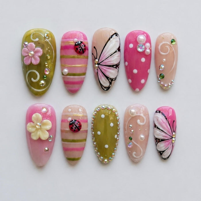 Pink and Olive Butterfly Garden Press-On Nail Set with Flowers and Ladybugs