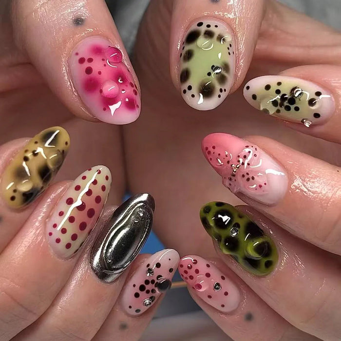 Pink and Olive Leopard Print Press-On Nails with Silver Chrome Accents