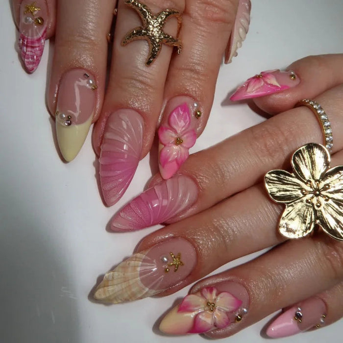 Pink and Pale Yellow French Tip Press On Nails with Gold Flower and Starfish Charms