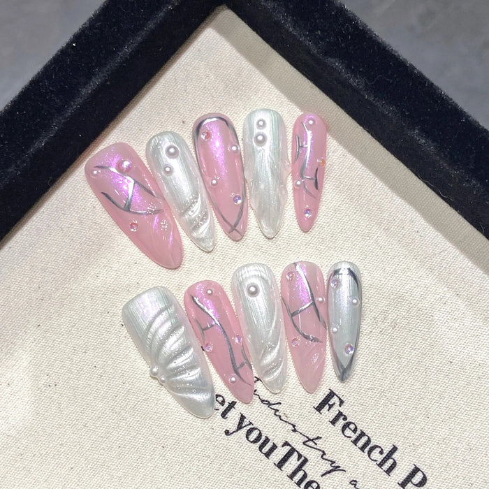 Pink and Pearly Silver Mermaid Shimmer Press On Nails with Shell-Like Ridges and Rhinestones