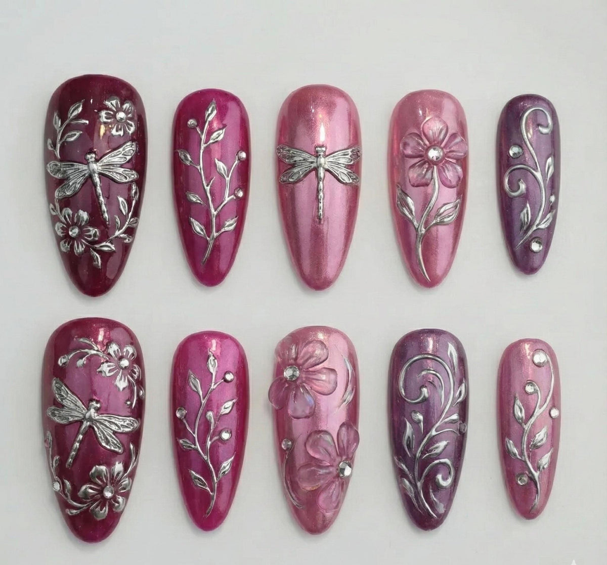 Pink and Purple Cat Eye Nails with Silver Dragonflies and Floral Vines