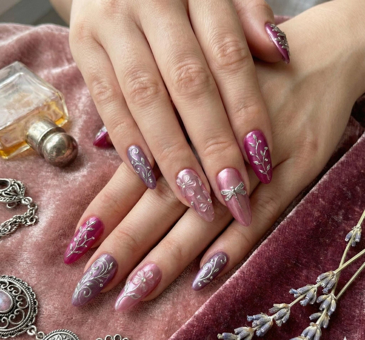 Pink and Purple Cat Eye Nails with Silver Dragonflies and Floral Vines