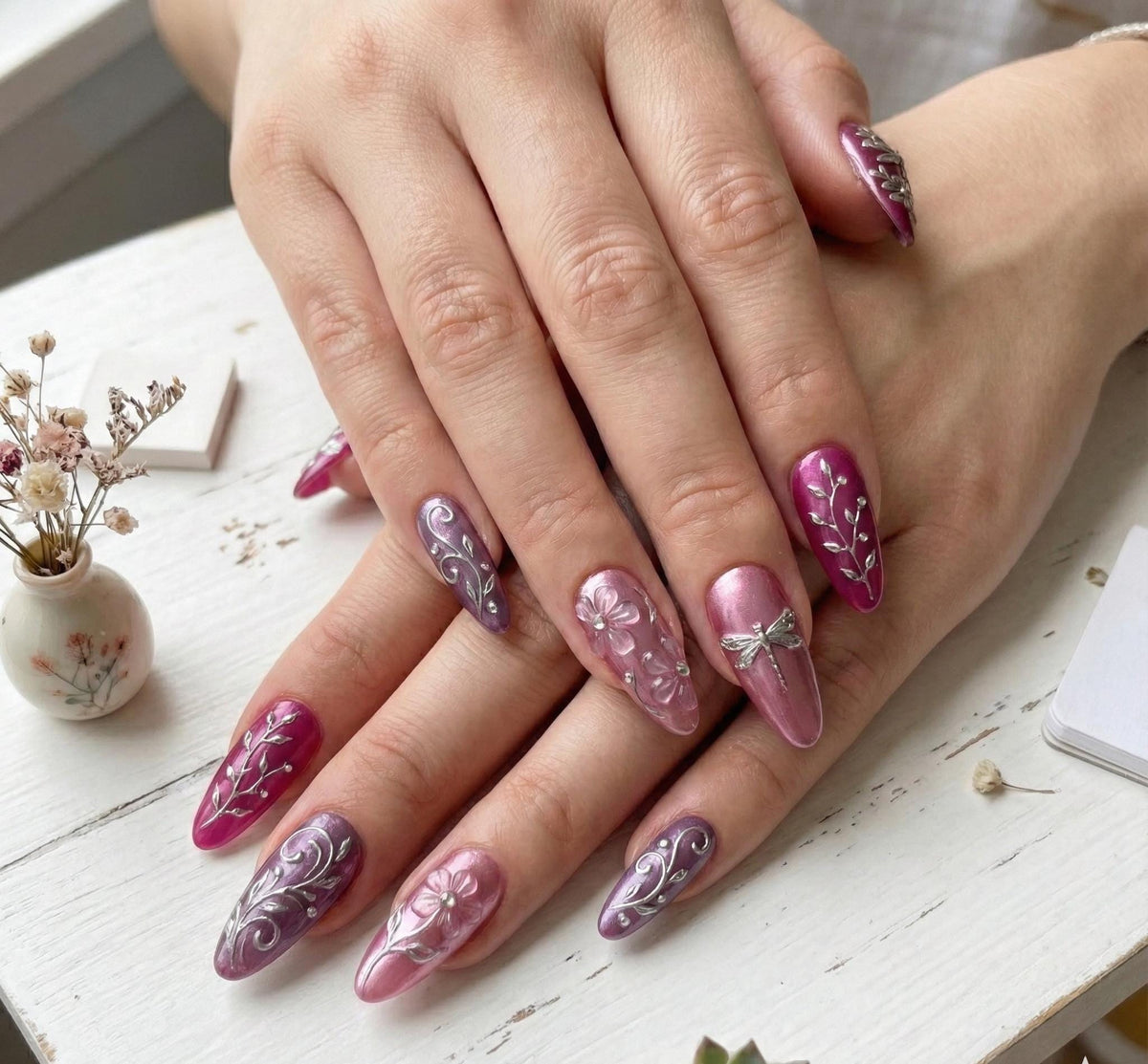 Pink and Purple Cat Eye Nails with Silver Dragonflies and Floral Vines