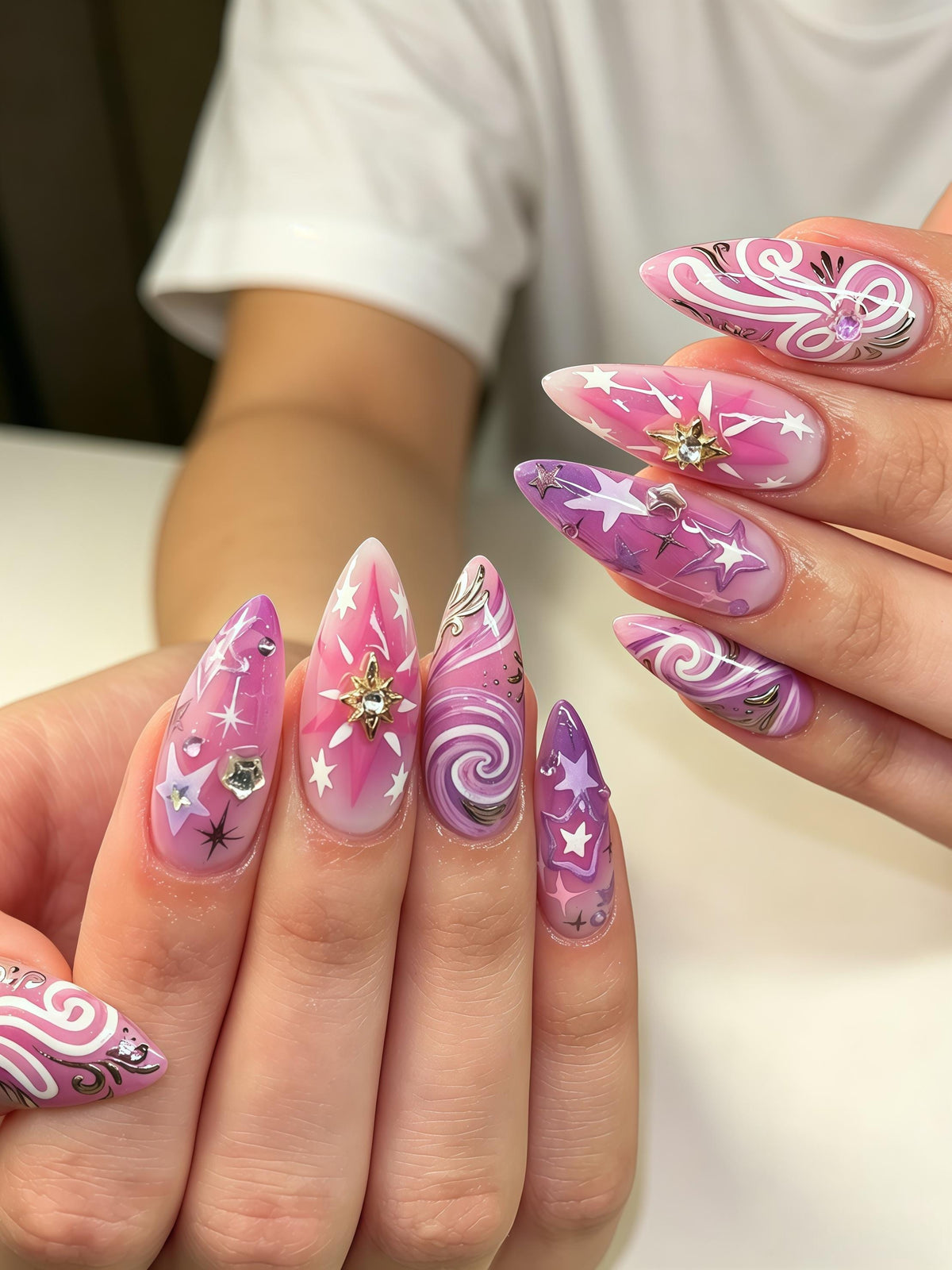 Pink and Purple Celestial Swirl Star Nail Set with Gold Starbursts