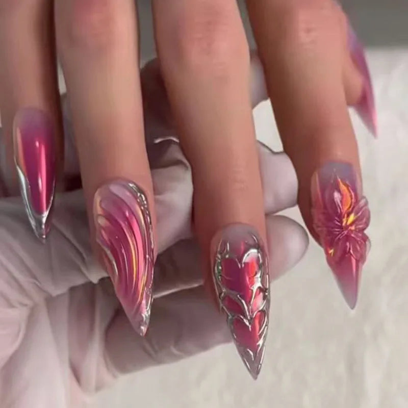 Pink and Purple Chrome Swirl Press On Nails with Raised Butterfly and Hearts