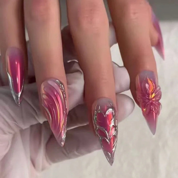 Pink and Purple Chrome Swirl Press On Nails with Raised Butterfly and Hearts
