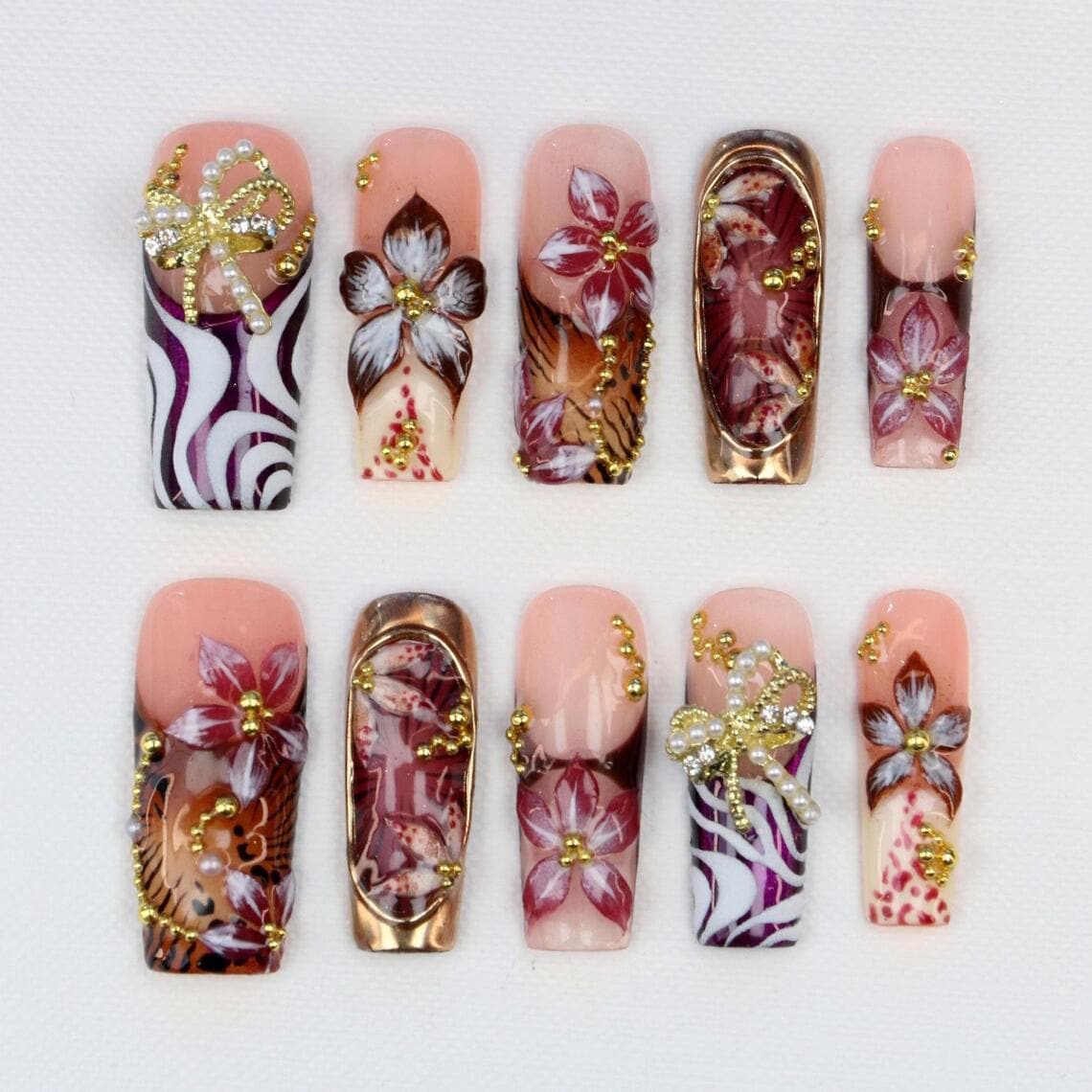 Pink and Purple Floral Marble Press-On Nail Set with Gold and Pearl Details