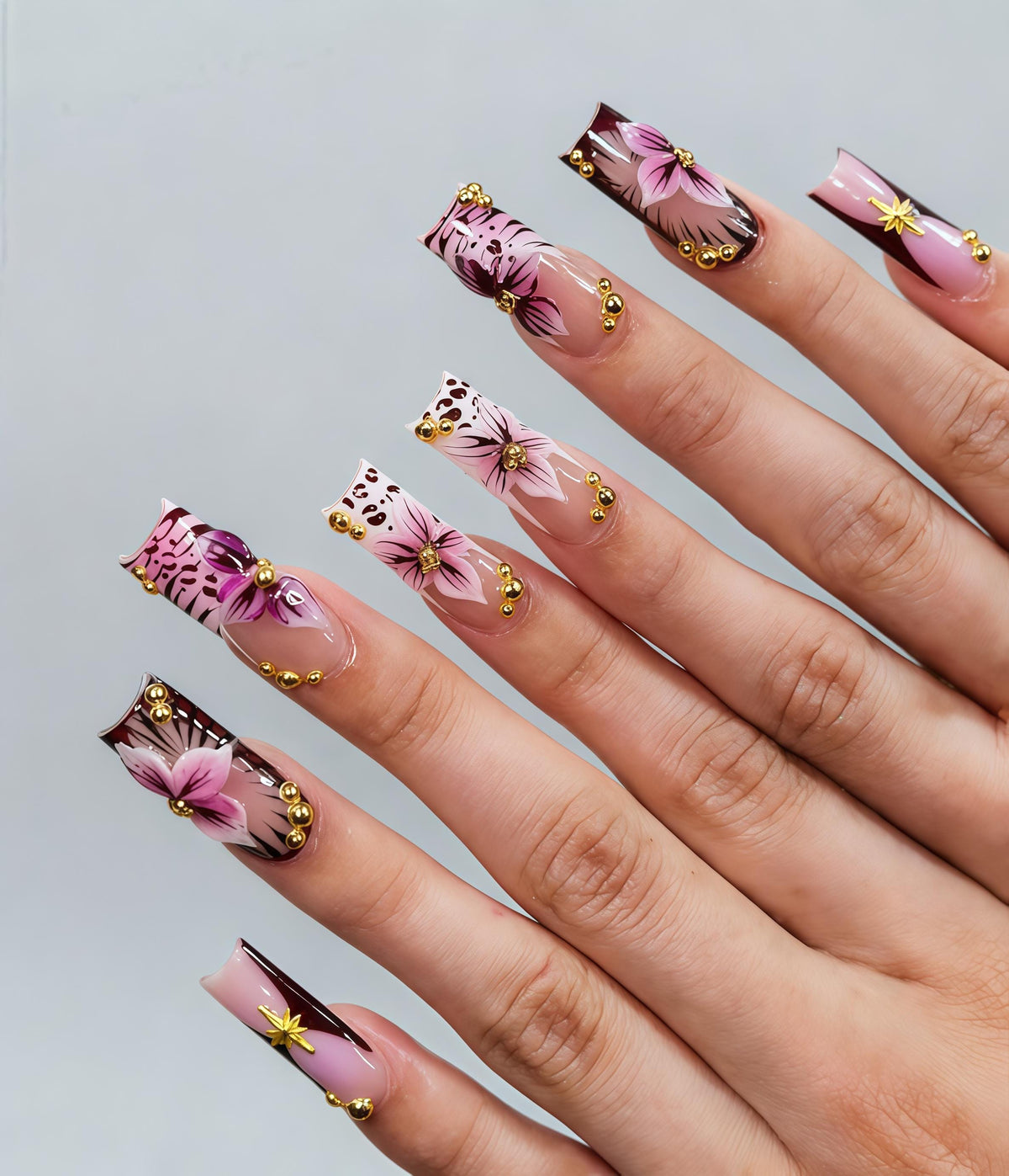 Pink and Purple Floral Press-On Nails with Gold Beads and Raised Flowers