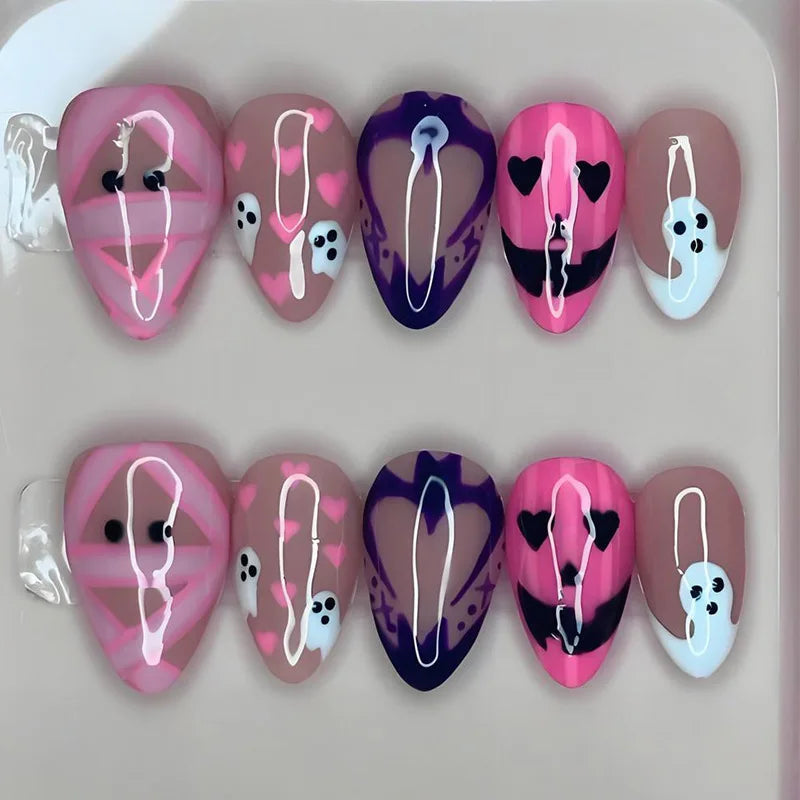 Pink and Purple Halloween Ghost Heart Press On Nails