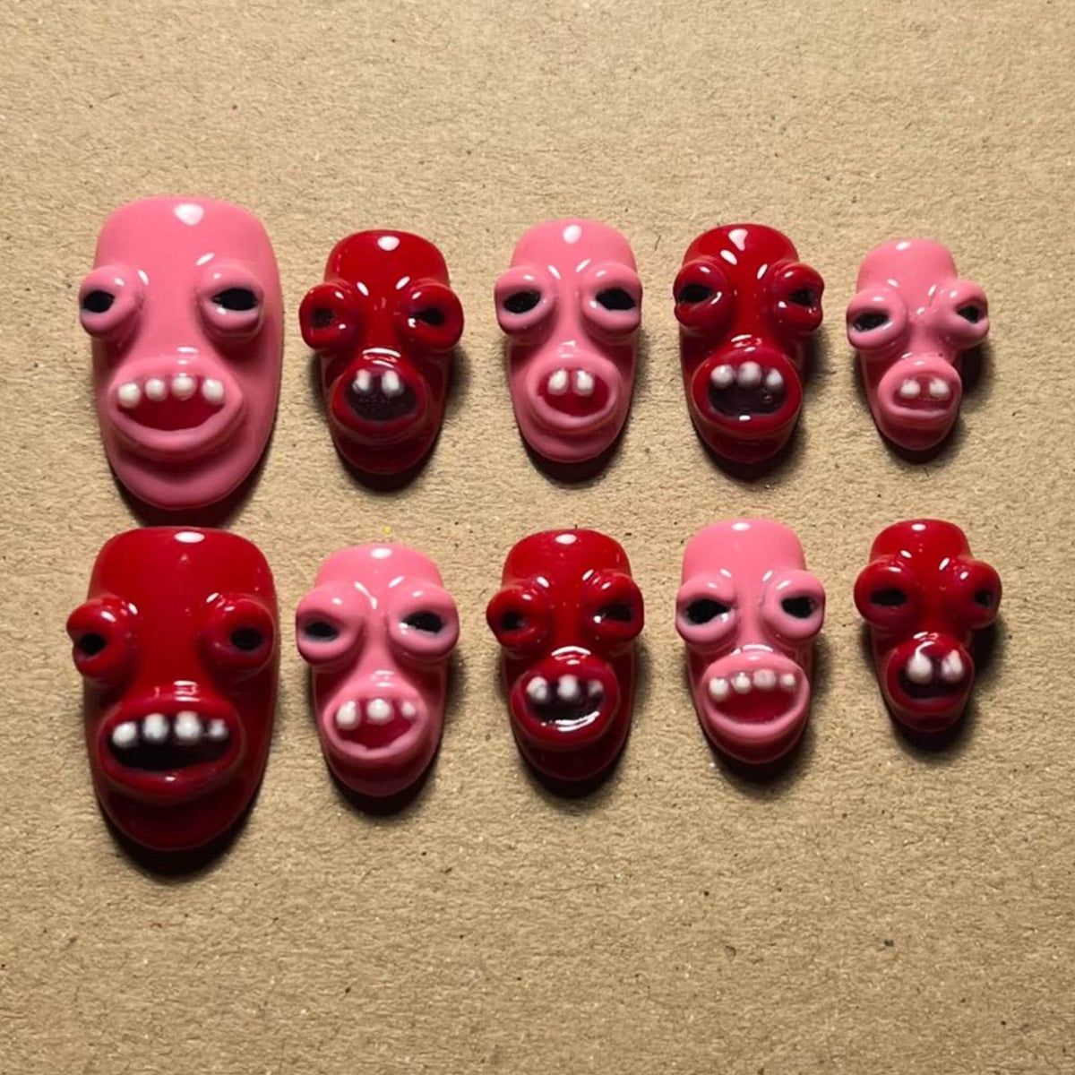 Pink and Red 3D Monster Face Press-On Nails