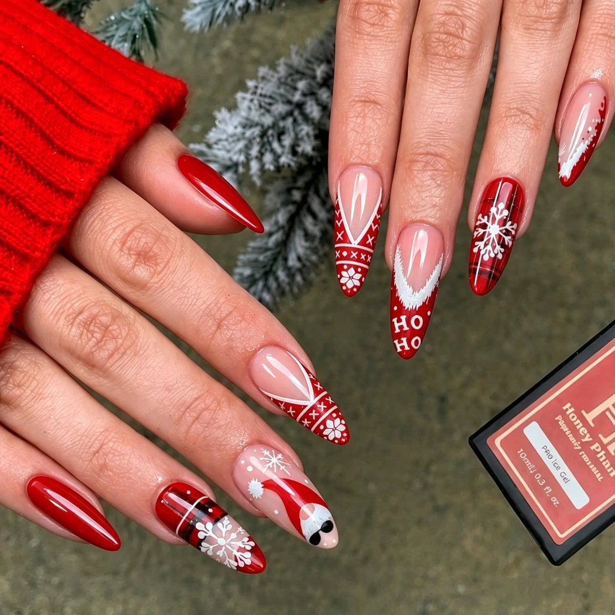 Pink and Red Christmas Nail Set With Snowflakes, Plaid and Snowman Details